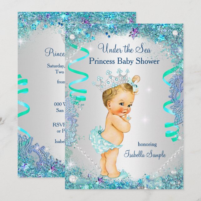Convite Princesa Azul Sob o Mar Chuvada de Bebê Loura (Frente/Verso)