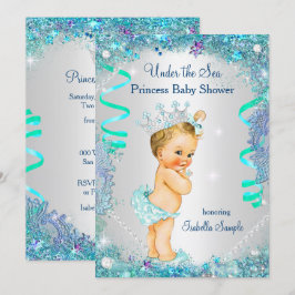 Convite Princesa Azul Sob o Mar Chuvada de Bebê Loura