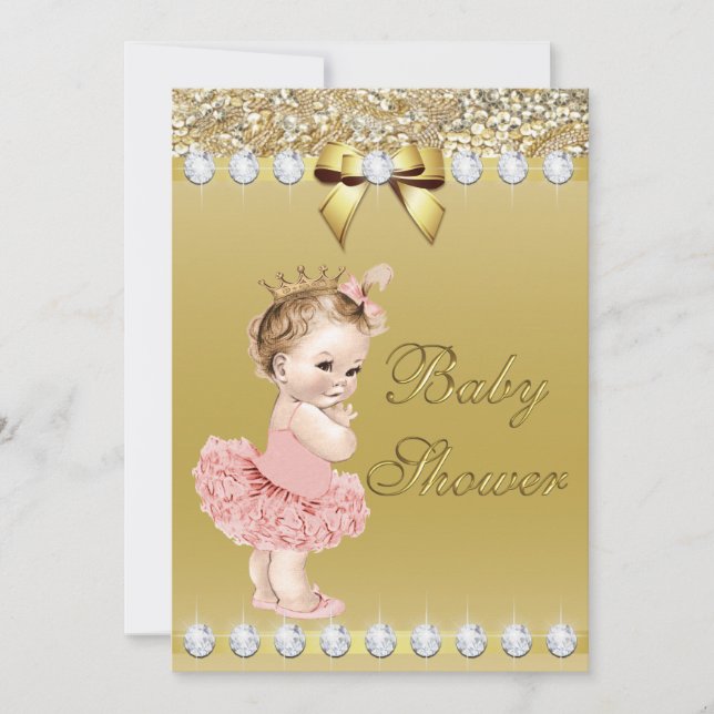 Convite Princesa Baby Dourado Faux Diamantes e Sequências (Frente)