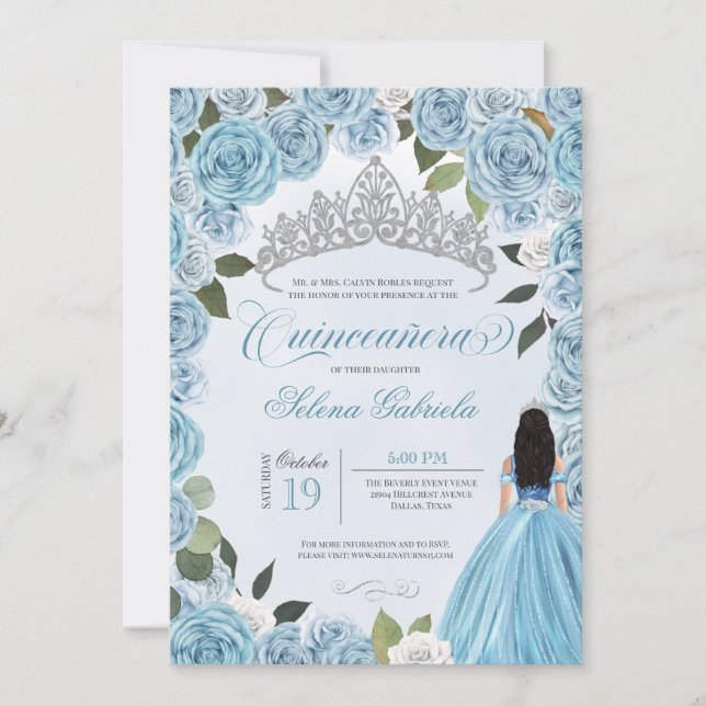 Convite Princesa Ball Blue Rosa Quinceanera (Frente)
