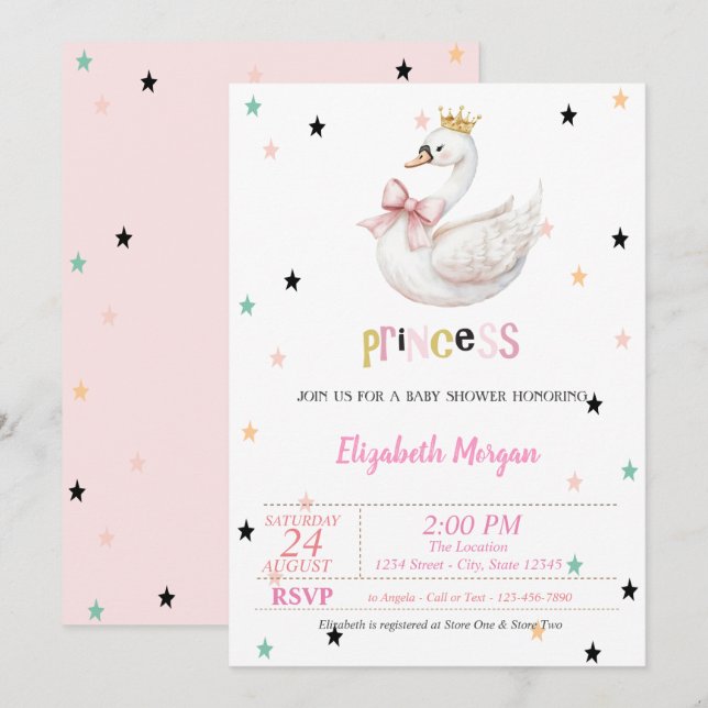 Convite Princesa Bebê Cisne, Chá de Bebê das Estrelas (Frente/Verso)