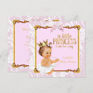 Convite Princesa Bebê Morena Chá de Bebê Branco Rosa Doura