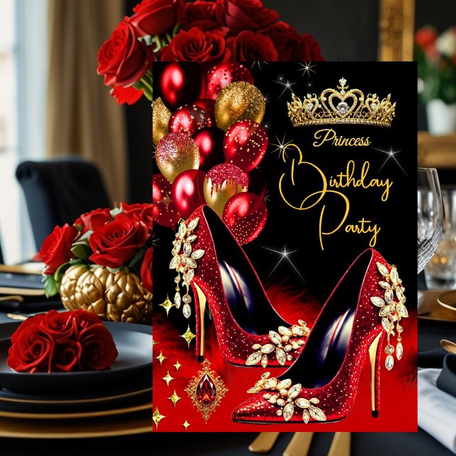 Convite Princesa Birthday Red Glitter High Heels Crown (Criador carregado)