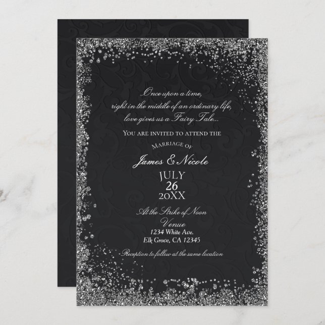 Convite Princesa Black Damask Elegante Storybook Weding (Frente/Verso)