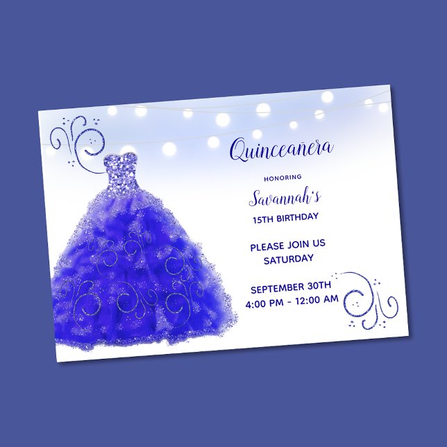 Convite Princesa Blue Gown String Luz Quinceanera (Criador carregado)