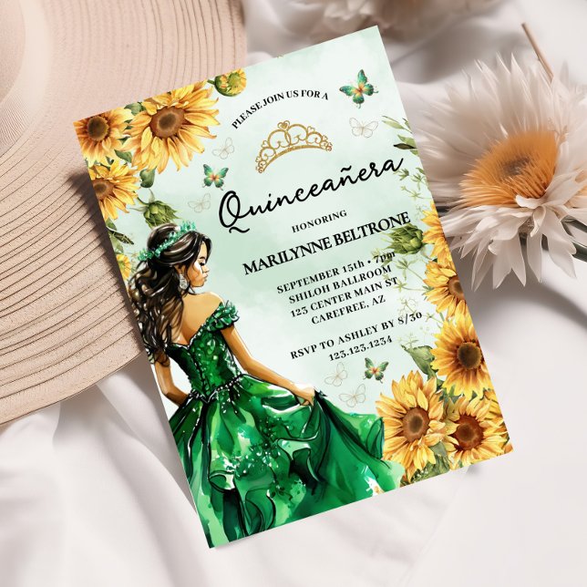 Convite Princesa Borboleta Girassol Verde Quinceañera (Criador carregado)