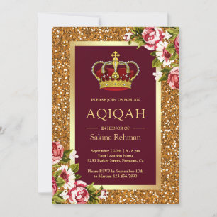 Convite Princesa Brilho Dourado Burgundy Floral Aqiqah