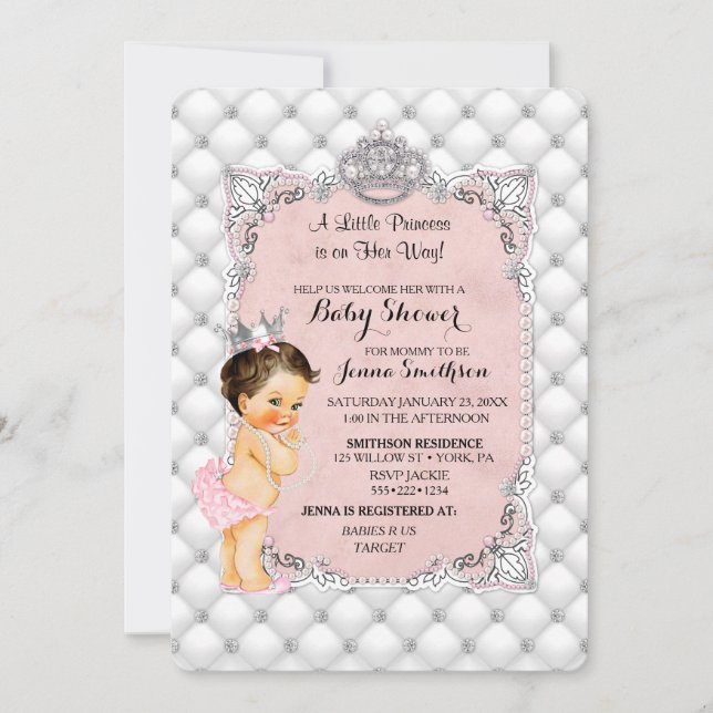 Convite Princesa Brilho Rosa Pérolas Diamantes Menina Bebê (Frente)