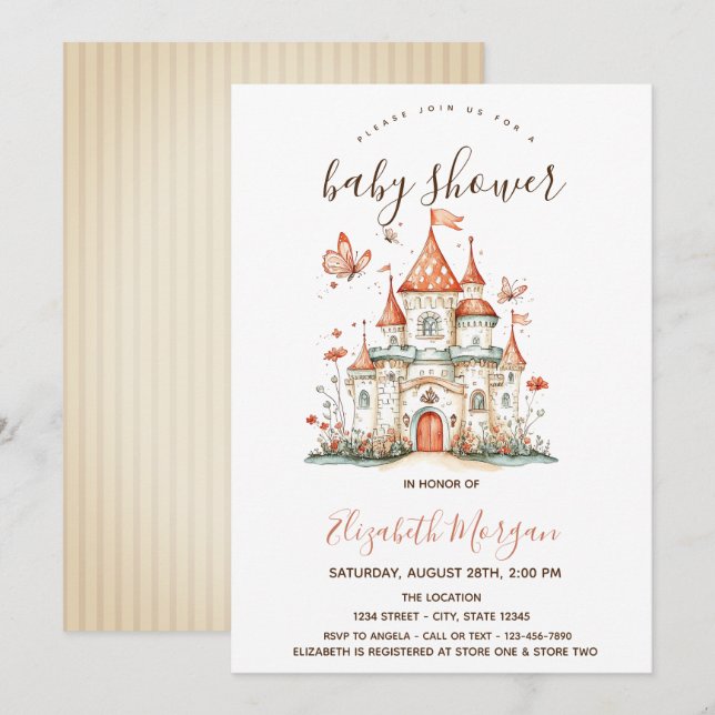 Convite Princesa Castelo Borboletas Listras Baby Shower   (Frente/Verso)