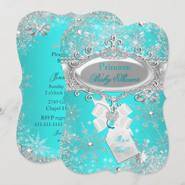 Convite Princesa Chá de fraldas Aqua Blue Winter Wonderlan (Frente/Verso)