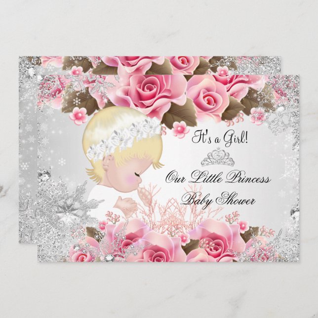 Convite Princesa Chá de fraldas Garota Rosa Floco de Neve  (Frente/Verso)