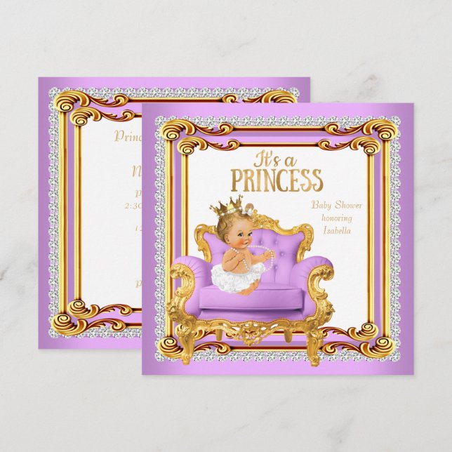 Convite Princesa Chá de fraldas Lilac - Cadeira Dourada Ro (Frente/Verso)