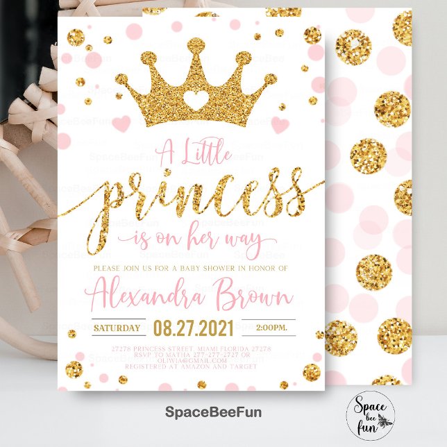 Convite Princesa Chá de fraldas, Princesa Pequena (Princess Baby Shower Invitation, Pink and Gold Little Princess Invitations, Princess invites)