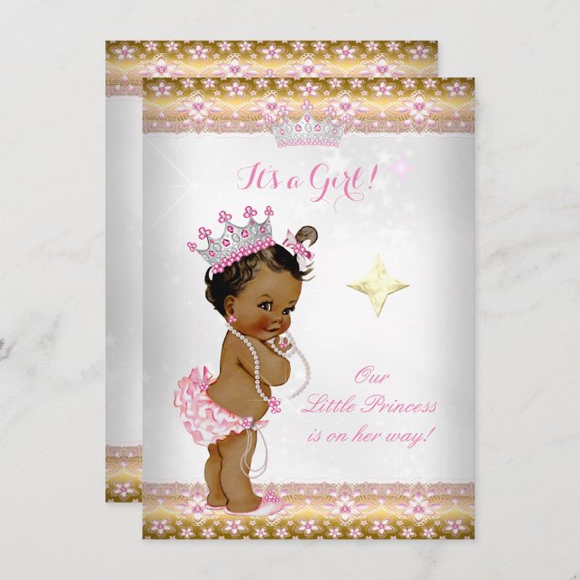 Convite Princesa Chá de fraldas Rosa Branca Dourada Tiara  (Frente/Verso)