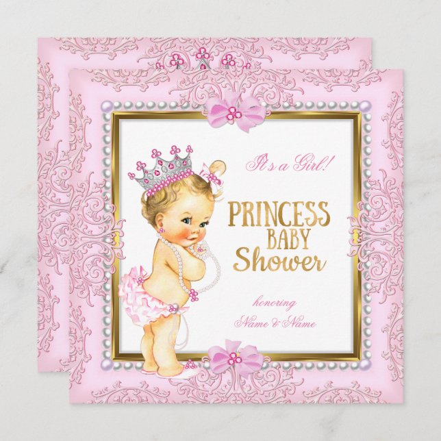 Convite Princesa Chá de fraldas Rosa Dourada Pérolas Lace  (Frente/Verso)