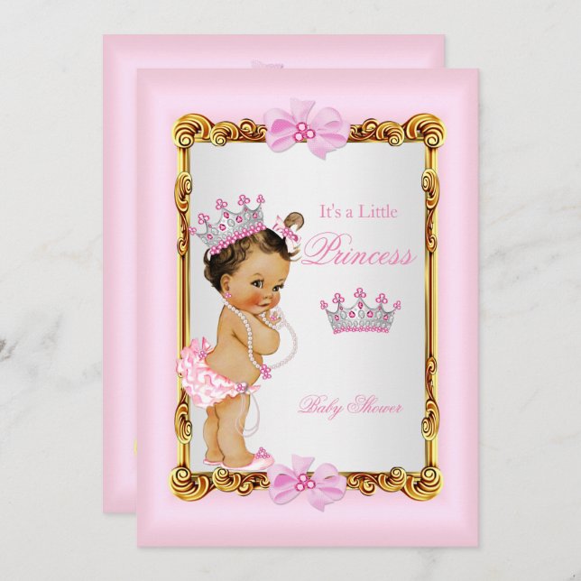 Convite Princesa Chá de fraldas Rosa Dourada - Pérolas Tia (Frente/Verso)