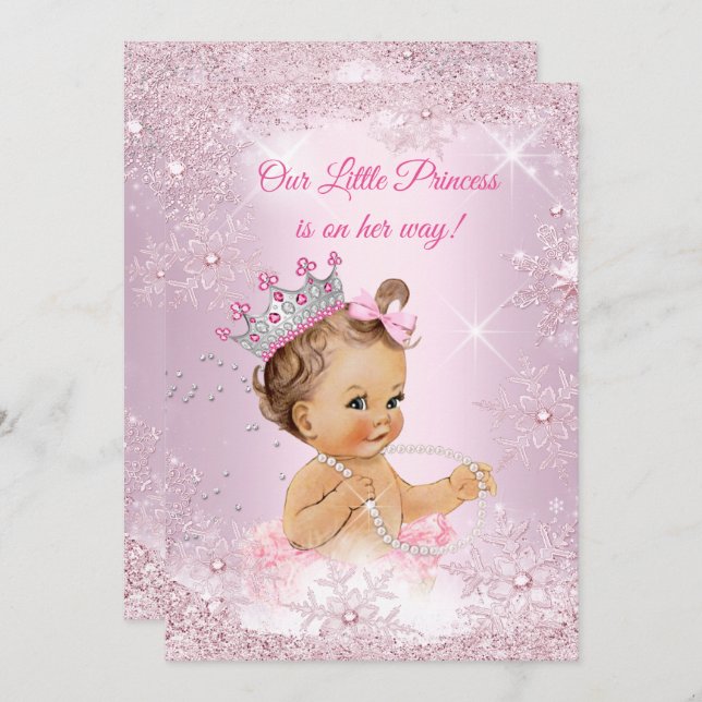 Convite Princesa Chá de fraldas Rosa Floco de Neve Winter (Frente/Verso)