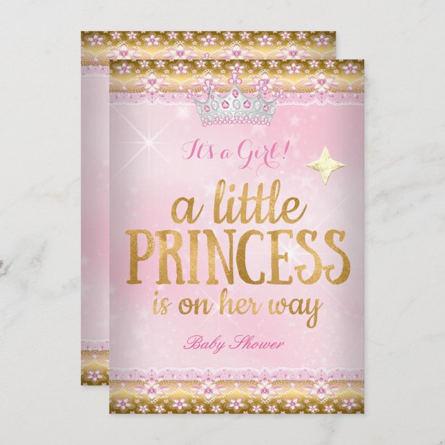 Convite Princesa Chá de fraldas rosa folha de ouro Lace Ti (Frente/Verso)