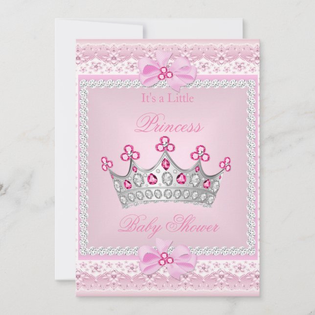 Convite Princesa Chá de fraldas Rosa Gem Silver Tiara (Frente)