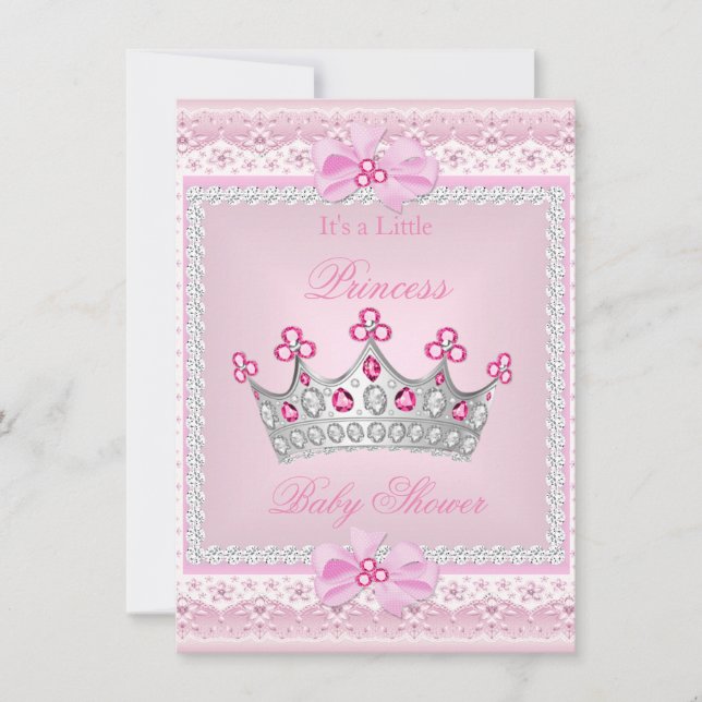 Convite Princesa Chá de fraldas Rosa Gem Silver Tiara (Frente)