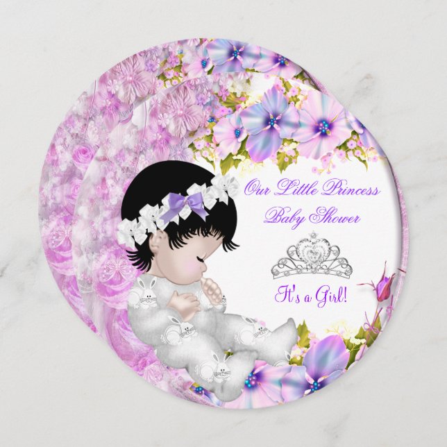 Convite Princesa Chá de fraldas Rosa Púrpura Floral 3a (Frente/Verso)