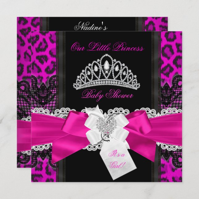 Convite Princesa Chá de fraldas Rosa Quente Menina Negra L (Frente/Verso)