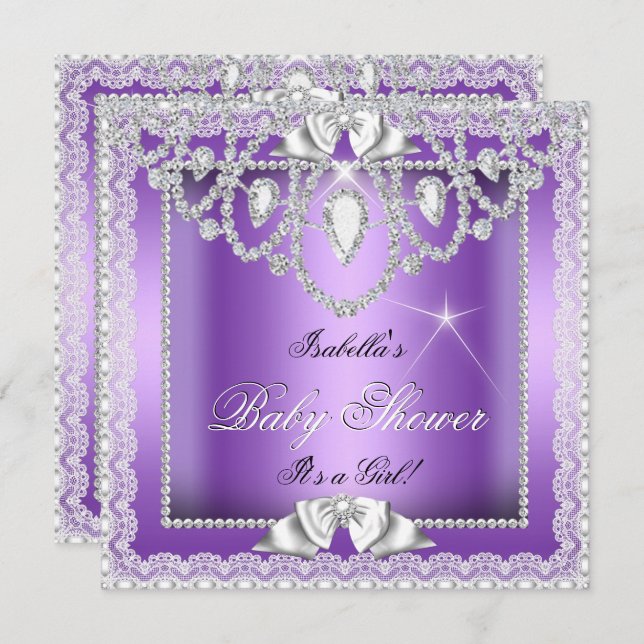 Convite Princesa Chá de fraldas Roxo Lace Diamond (Frente/Verso)