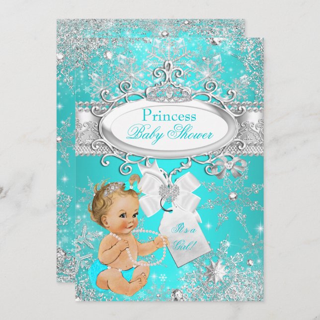 Convite Princesa Chá de fraldas Snowflakes Aqua Blonde (Frente/Verso)