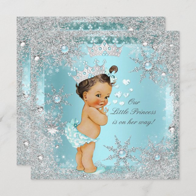 Convite Princesa Chá de fraldas Teal Blue Heart Brunette (Frente/Verso)