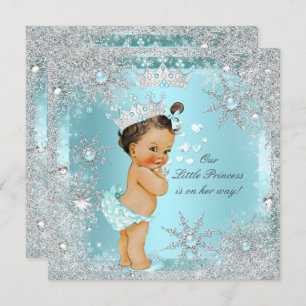 Convite Princesa Chá de fraldas Teal Blue Heart Brunette