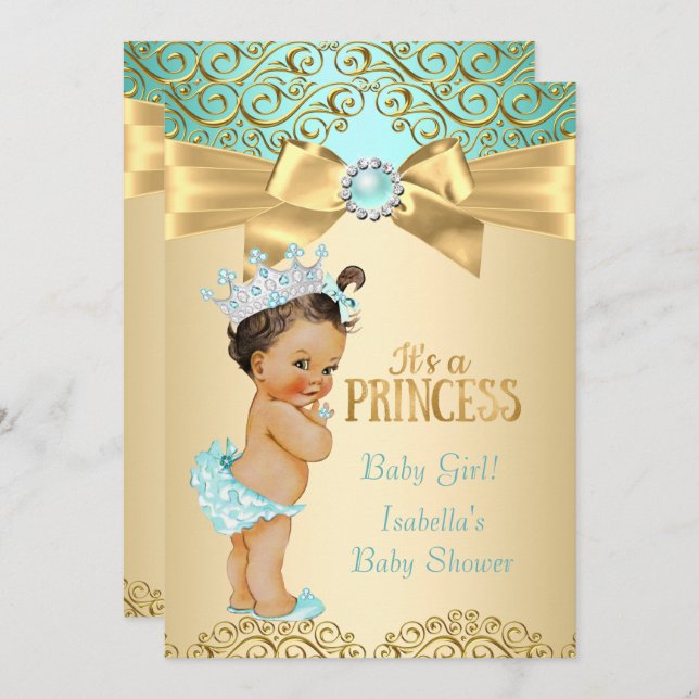 Convite Princesa Chá de fraldas Teal Dourado Damask (Frente/Verso)