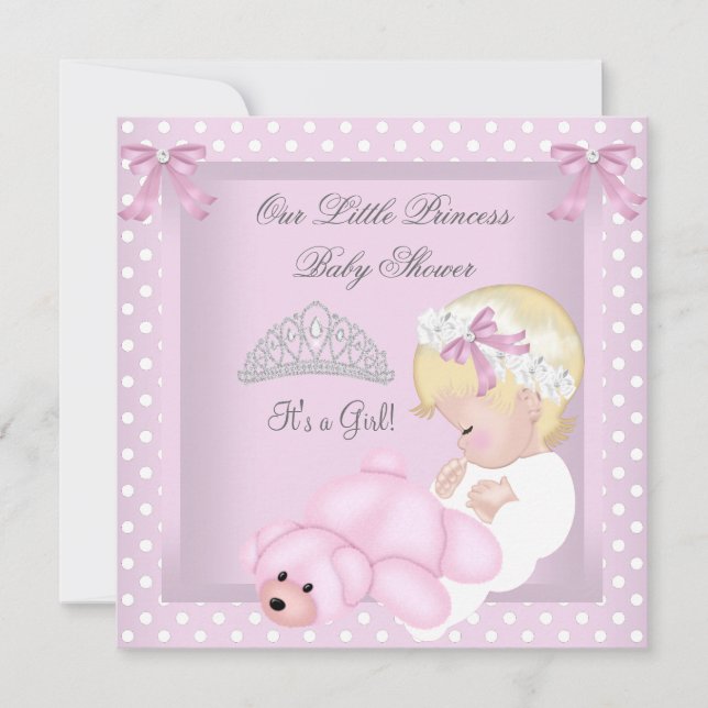 Convite Princesa Chás de Bebê Menina Rosa Loira Bebê Menin (Frente)