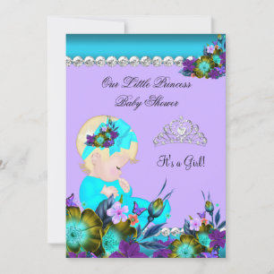 Convite Princesa Chuvada de Bebê Menina Azul Turquesa Roxo
