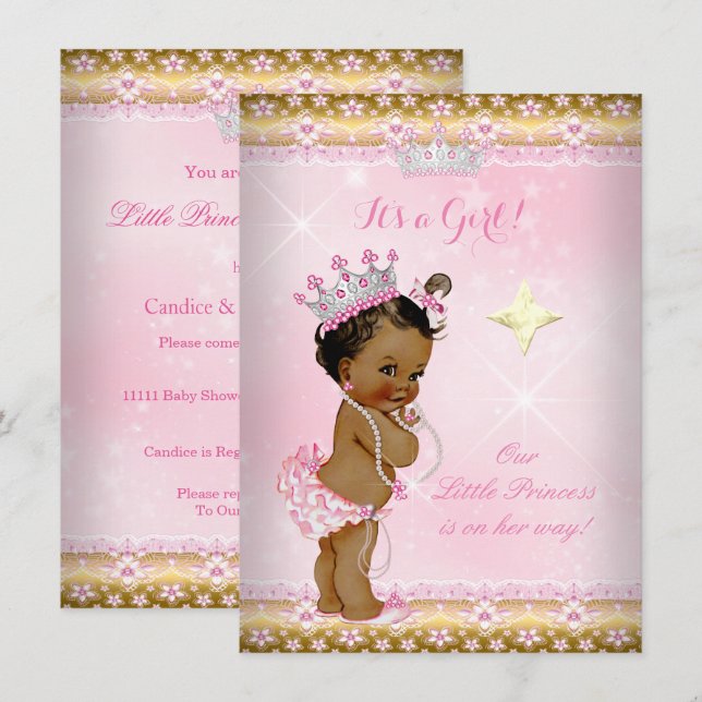 Convite Princesa Chuveiro de Bebê Rosa Dourado Tiara de Re (Frente/Verso)