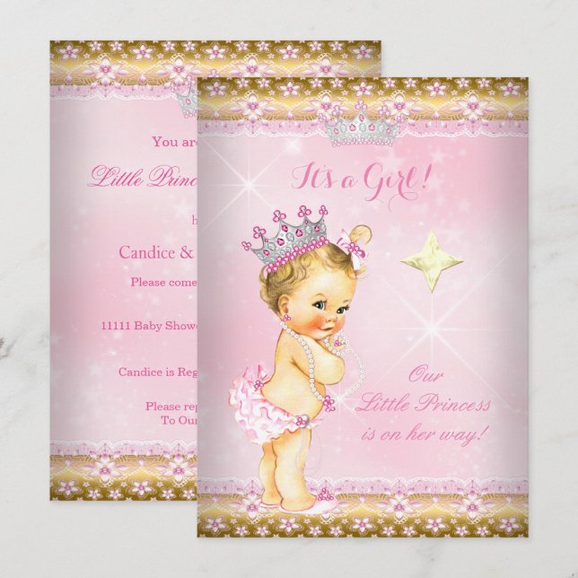 Convite Princesa Chuveiro de Bebê Rosa Dourado Tiara Lace  (Frente/Verso)