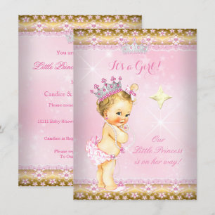 Convite Princesa Chuveiro de Bebê Rosa Dourado Tiara Lace
