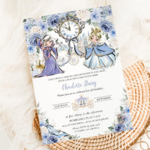Convite Princesa Cinderella Fairytale Blue Floral Birthday