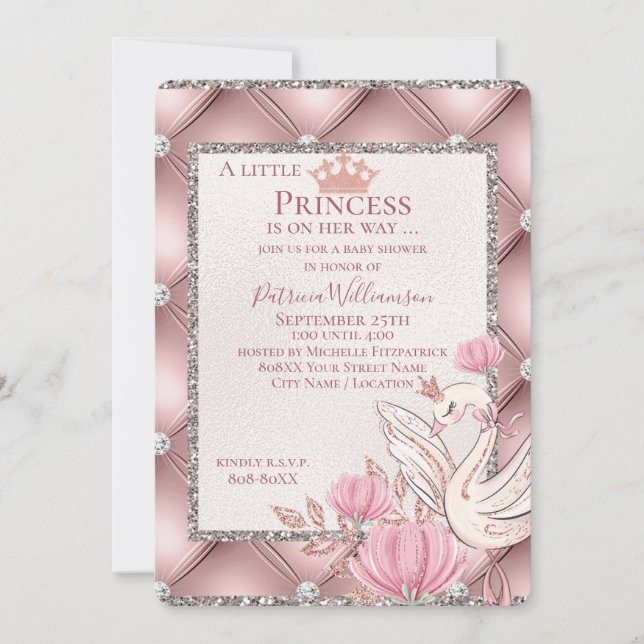 Convite Princesa Cisne em Rosa Glamouroso com Diamantes (Frente)