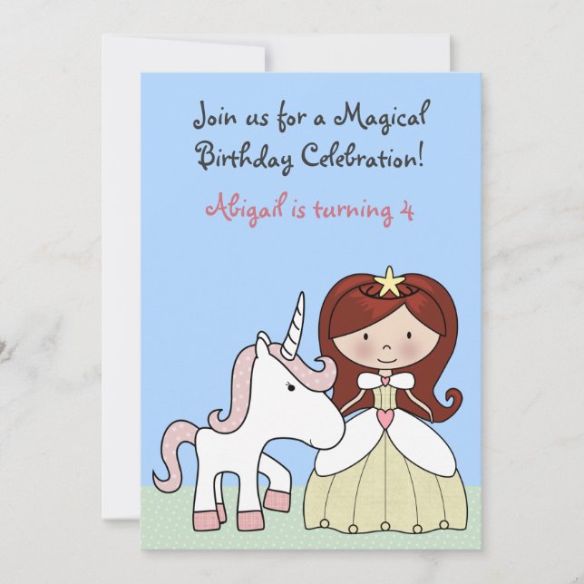 Convite Princesa com Cabelo Vermelho e Unicórnio Bonito (Frente)