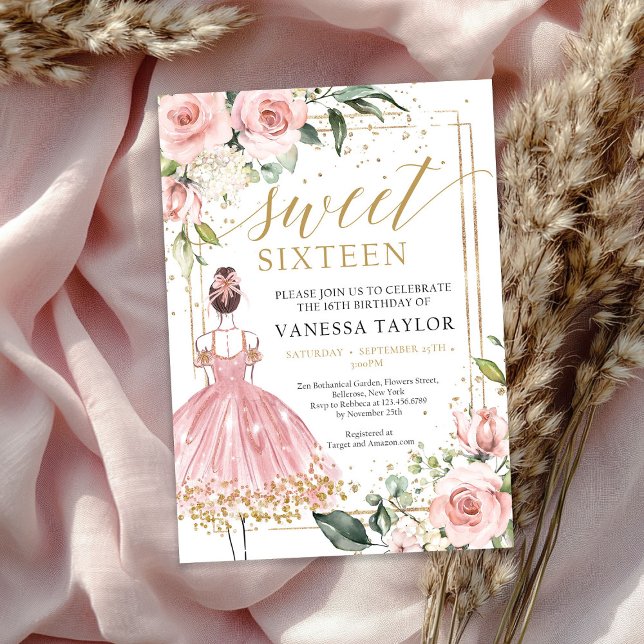 Convite Princesa com vestido cor-de-rosa pincelada armação (Princess with pink dress blush floral gold frame invitation)