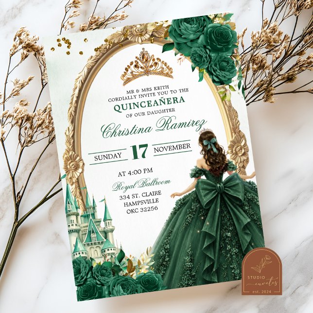 Convite Princesa Conto de Fadas Verde Esmeralda Quinceaner (Criador carregado)