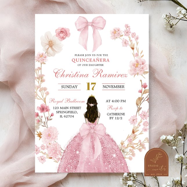 Convite Princesa coquete laço rosa floral Quinceanera (Criador carregado)
