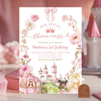 Convite Princesa Coquete Laço Rosa Reino 3º Aniversário