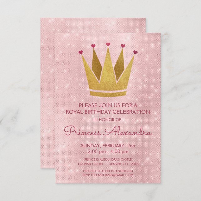 Convite Princesa Cor-de-Rosa - Rosa Dourado Aniversário (Frente/Verso)