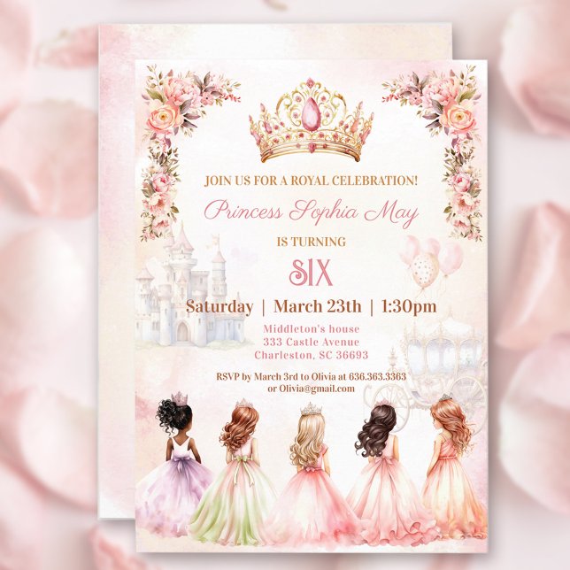 Convite Princesa Coroa Rosa Dourada Garota Floral Aniversá (Princess Crown Pink Gold Floral Girl Birthday Invitation)