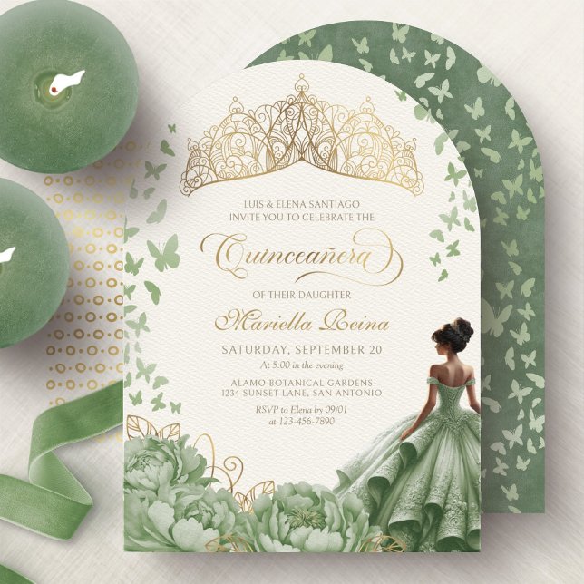 Convite Princesa Coroa Tiara Sage Green Quinceanera (Criador carregado)