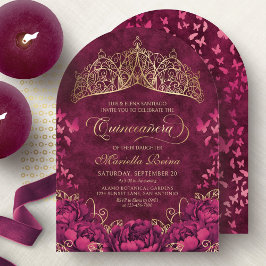 Convite Princesa Crown Burgundy Borboletas Quinceanera