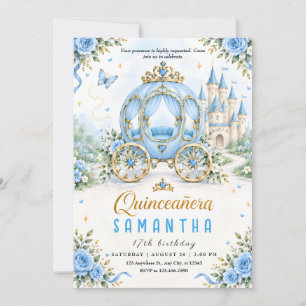 Convite Princesa da Carruagem Dourada Floral Azul Quinceañ