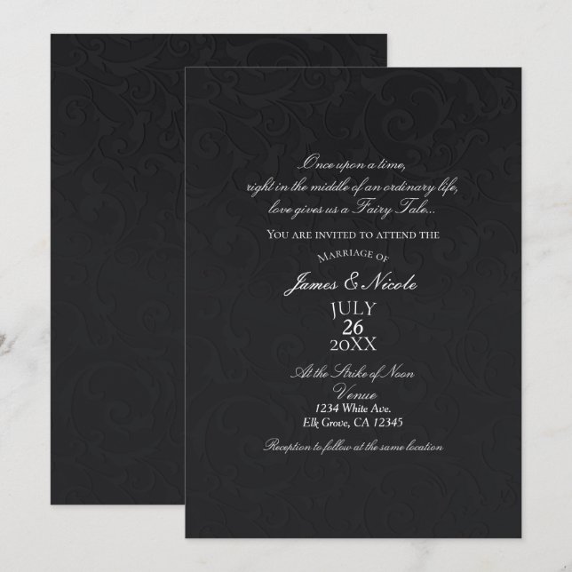 Convite Princesa Damask Preto Conto de Fadas Elegante Casa (Frente/Verso)
