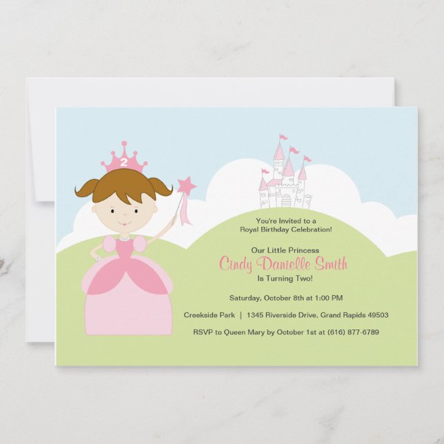 Convite Princesa de aniversário de Cabelo Castanho, de Ros (Frente)